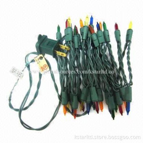 UL listed string light with mini incandescent bulb, green wire, 36" lead, 3" bulb spacing